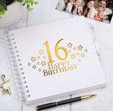 16th Birthday White Scrapbook, Guest Book Or Photo Album with Gold Script